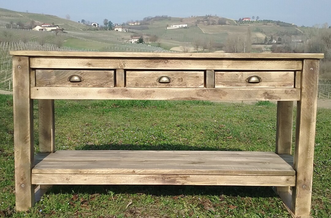 Mixed Reclaimed Wood Counter With Three Drawers and Bronzed