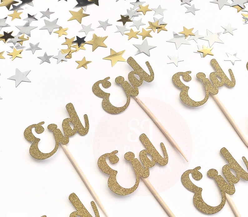 EID Mubarak Cupcake Toppers Gold Silver Glitter Cake Topper Etsy