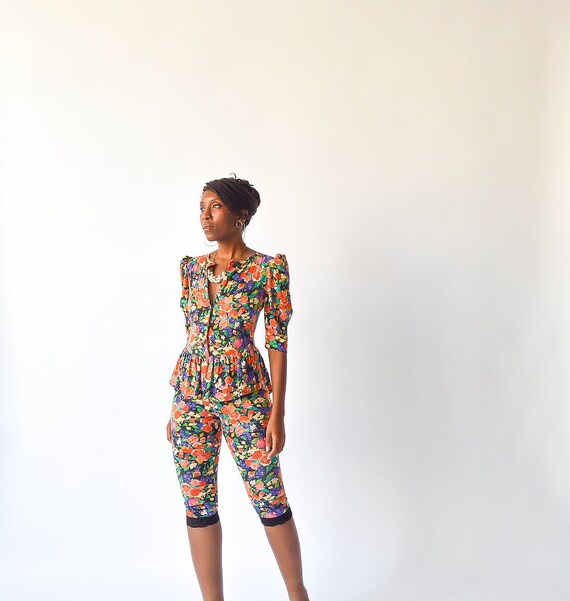 Vintage 80's Floral Black Lace Trim Peplum Jumpsui