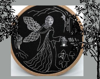 Spooky Fairy art, hand embroidered, wall hanging, Goth style, Halloween decor, Spooky, Black, Fairy, Valentines gift, Witch art, Magical