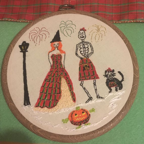 Hogmanay Hand Embroidered Wall Hanging Scottish Theme New Year Fun Art Quirky Gift Red Haired Witch Skeleton Tartan Kilt Fireworks