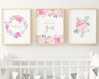 DIGITAL DOWNLOAD Pink and Grey Baby Girl Wall Decor for Nursery, Girl Nursery Floral Art Print, Pink Baby Nursery Wall Art, Nursery Decor