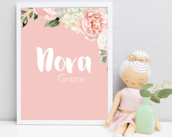 Personalized Blush Floral Nursery, Baby Girl Nursery Decor, Baby Girl Wall Decor, Blush Pink Girl Nursery Floral Art Print, Baby Nursery Art