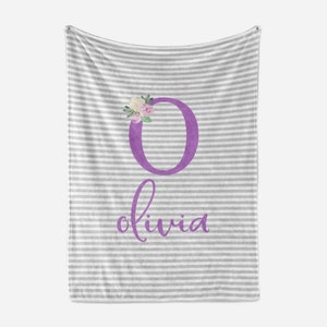 Custom Baby Blanket with Name, New Baby Girl Gift, Personalized Newborn Baby Gift For A Girl, Gift for Baby Girl, 1 year old Baby Girl Gift Grey / Purple
