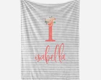 Coral and Grey Monogram Baby Blanket, Baby Girl Personalized Baby Gift, Personalized Baby Blanket, Newborn Girl Monogram Baby Shower Gift