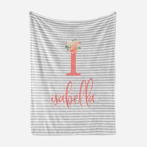 Custom Baby Blanket with Name, New Baby Girl Gift, Personalized Newborn Baby Gift For A Girl, Gift for Baby Girl, 1 year old Baby Girl Gift Grey / Coral