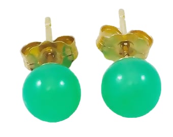 Chrysopras Grün Australisch 100% Natürlich Echt 6 mm oder 8 mm Ball Ohrstecker; AAA Qualität, 14Kt. Gelbes Massivgold, Top Qualität