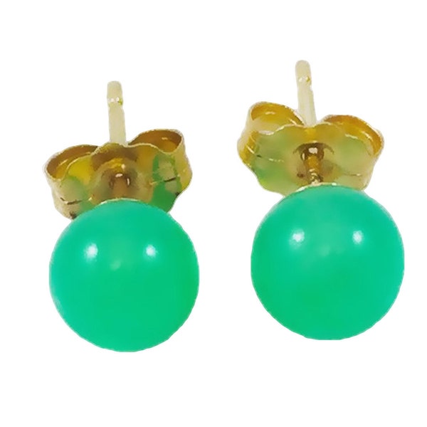 Chrysoprase Green Australian 100% Natural Genuine  6mm or 8mm Ball Stud-Earrings; AAA Quality, 14Kt. Yellow Solid Gold, Top Quality