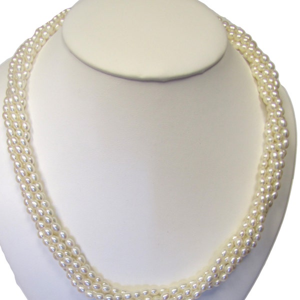 Elegant, beautiful high quality fresh water cultured pearl oblong shape biwa style, twist/torsade necklace, 18" after twist, 925 silver
