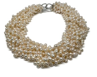 Süßwasserzuchtperle Torsade / Twist-Kette, 7-reihig, 45 cm, 925er Silberverschluss, handgefertigt, Statement-Halskette