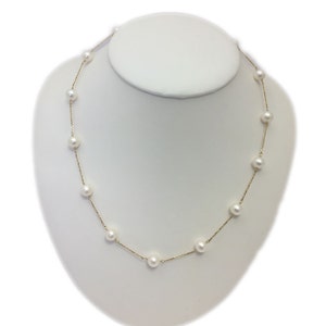 Station Necklace 14Kt. Solid Yellow Gold with Fresh Water Cultured Pearls 7.5-8mm