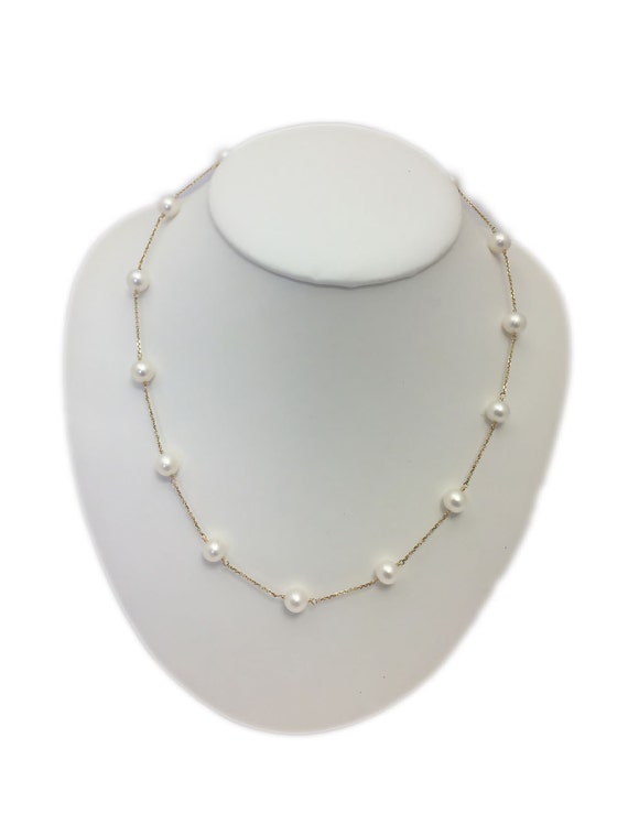 Station Necklace 14Kt. Solid Yellow Gold with Fresh Water Cultured Pearls 7.5-8mm
