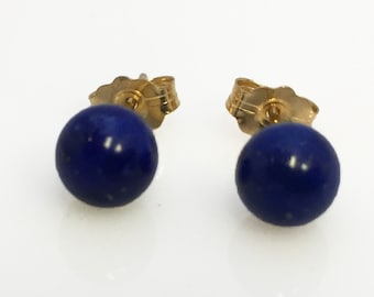 Lapis Lazuli 6 mm Ohrstecker - Ohrringe. Runde Kugel, 14Kt. Massives Gelbgold