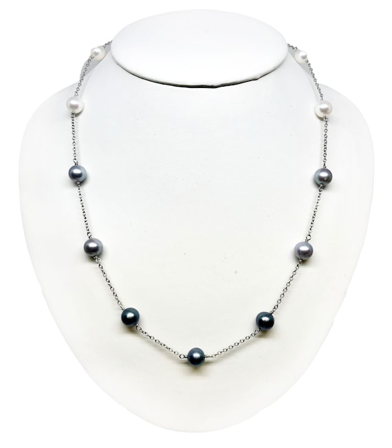 925 Silver Chain AAA 16//18/" Round 10-11mm White Black Pearl Pendant Necklace