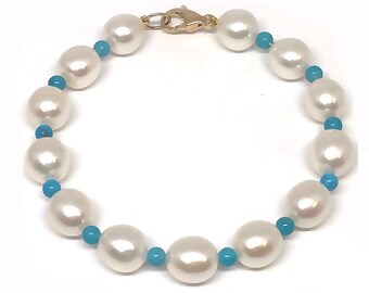 Süßwasserzuchtperle und natürlicher Türkis Armband, solides Gold 14Kt., 17,8 cm