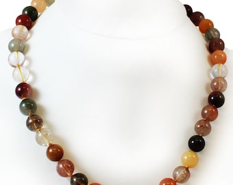 Mehrfarbige runde Quarz- und Rutilquarzperlen 10 mm Halskette, 17 ", Karabinerverschluss aus Sterlingsilber, handgemacht, Damenschmuck