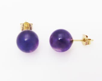 Brasilianische natürliche Amethyst 8 mm Kugel, Ohrstecker, 14Kt Massivgold, handgefertigt