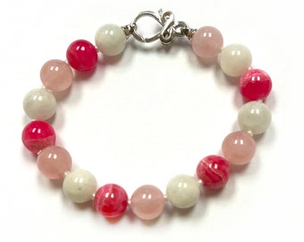 Echter Rhodochrosit Rosenquarz Grau Mondstein Armband t, 7.5", Sterling Silber Verschluss