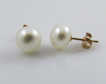 Cultured Pearl Fresh Water 7.5-8mm Stud Earrings, Solid Gold 14Kt. Yellow