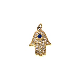 Diamond and Sapphire Hamsa Pendant, Solid Gold 14Kt. Yellow