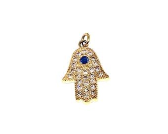 Diamant und Saphir Hamsa Anhänger, Solid Gold 14Kt. Gelb