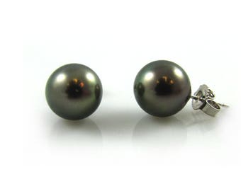Echte schwarze Tahiti-Zuchtperlen, Durchmesser 8-9 mm oder 9.5-10 mm, Ohrstecker, 14Kt. Massives Gold