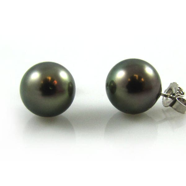 Perlas cultivadas negras de Tahití auténticas, tamaño 8-9 mm o 9,5-10 mm, aretes, 14 quilates. Oro sólido