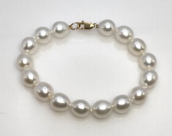 Süßwasser-Zuchtperlen Armband 9-9.9 mm, weiße Farbe, AA + mit solidem Gold 14Kt. Gelbe Schließe, Handgemacht, 18,5 cm, Damen Schmuck
