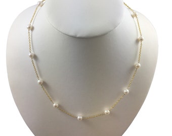 Gold Filled Oder Sterling Silber 925 Station Halskette "Tin Cup " mit Süßwasser-Zuchtperlen 5.5-6 mm AAA