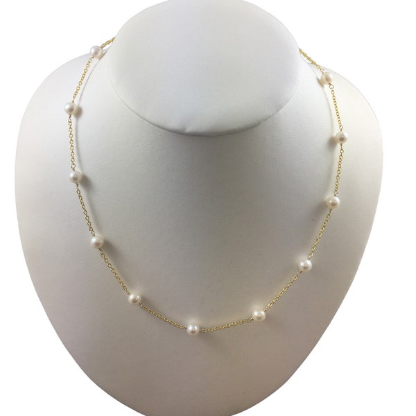 Gold Filled Or Sterling Silver 925 Station Necklace "Tin Cup " with Fresh Water Cultured Pearls 5.5-6mm AAA