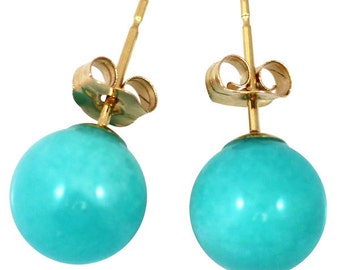 Amazonit Ohrringe, hochwertige 8 mm runde Ball-Ohrstecker peruanische Amazonit, solides Gold 14Kt. Gelb oder Weiß. Handgefertigt
