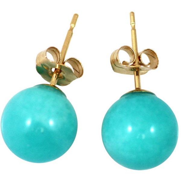 Amazonite Earrings, High Quality 8mm Round Ball  Stud-Earrings Peruvian Amazonite, Solid Gold 14Kt. Yellow or White. Handmade
