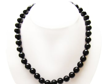 Echte schwarze Onyx Achat 10 mm Halskette, 17 ", Top-Qualität, Sterling Silber Karabinerverschluss, handgefertigt, Damenschmuck
