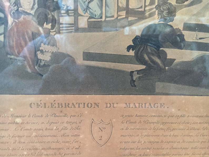 Print golden Louis XVI frame 43 x 52 cm Celebration Mariage Copper engraving color