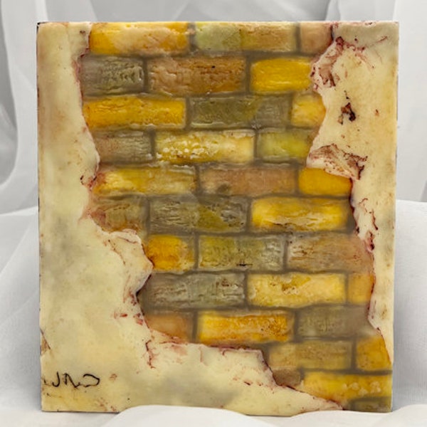 original encaustic beeswax art detailed brick wall miniature wax painting stucco effect