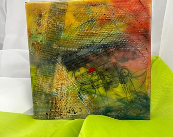 small original encaustic mixed media art painting using wax image transfer and imbedding technic creating a  translucent panel image