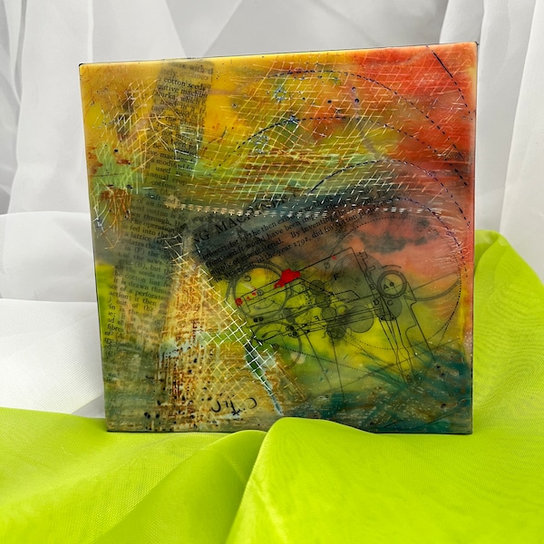 small original encaustic mixed media art painting using wax image transfer and imbedding technic creating a  translucent panel image