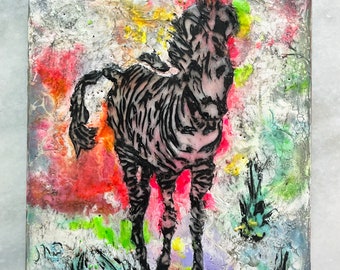 small original encaustic colorful zebra painting using wax on wood panel