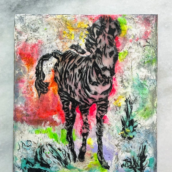 small original encaustic colorful zebra painting using wax on wood panel