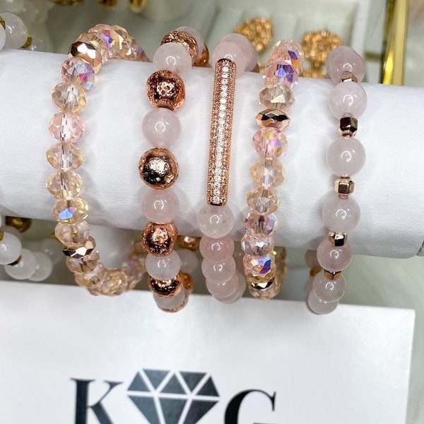 Ensemble de bracelets de perles de pierres précieuses naturelles de quartz rose rose, perles de verre en cristal roses, bracelets empilés pour femme