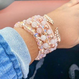 Rosa Rosenquarz Natürliche Edelstein Perlen Armband-Set, rosa Kristallglasperlen, gestapelte Armbänder | Geschenk für Sie | Liebesstein