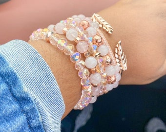 Pink Rose Quartz Natural Gemstone Beaded Bracelet Set, Pink Crystal Glass Beads, Stacked Bracelets | Gift for Her | Love Stone