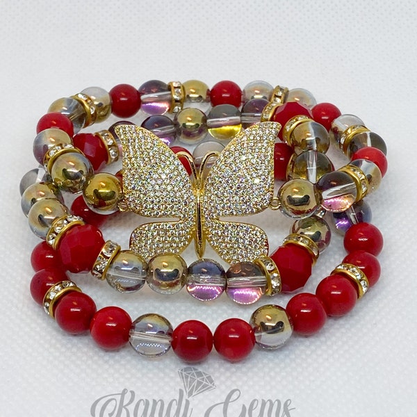 Beaded Stack Bracelet Set, Natural Red Coral Stone Bracelet Set, Stretch Beaded Bracelet Set Gifts for Her, Gold Plated Butterfly