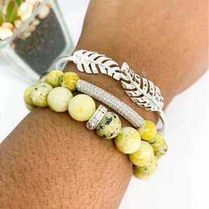 Yellow Green Turquoise Natural Beaded Boho Style Stack Bracelet Set and Silver Plated Leaf Bracelet - 3 piece Set
