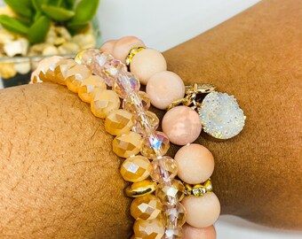 Gestapelde armband met kralen, 3-delige set, blushroze aventurijn natuurlijke edelsteen, blush roze druzy, cadeaus voor haar