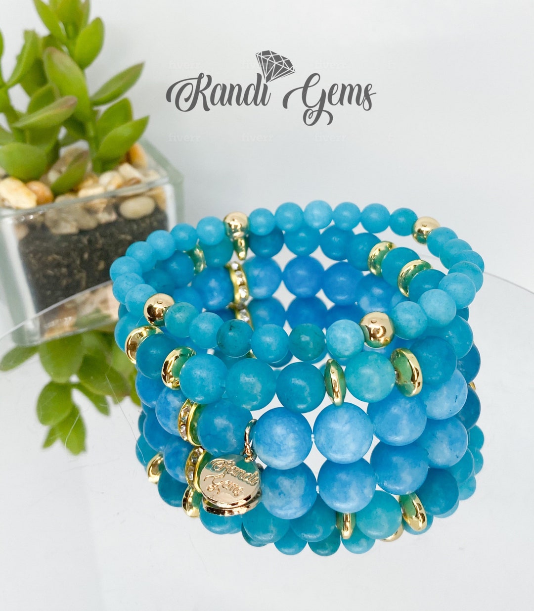 Beaded Stacked Bracelet Set Blue Chalcedony Gemstone Gold Etsy