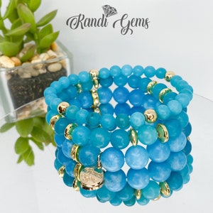 Perlen gestapelt Armband-Set, Blauer Chalcedon Edelstein, Blattgold Manschette, Boho Stretch Bead Armband Geschenkset für Sie