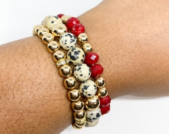 Beaded Stacked Bracelet Set, Natural Dalmatian Jasper Stone, Red, Black and Gold Plated Stretch Bead Bracelet Gifts for Her