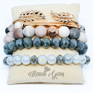 Gestapeltes Stretch Armband Set, Rosa Zebra Jaspis Natürlicher Edelstein, Rose Gold überzogene Perlen, Blatt Armband, Boho Style, Geschenke für Sie