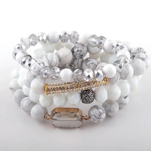 Beaded Stacked Bracelet Set, White Howlite Stone and other Natural Beaded Bracelet Set, Gifts for Her